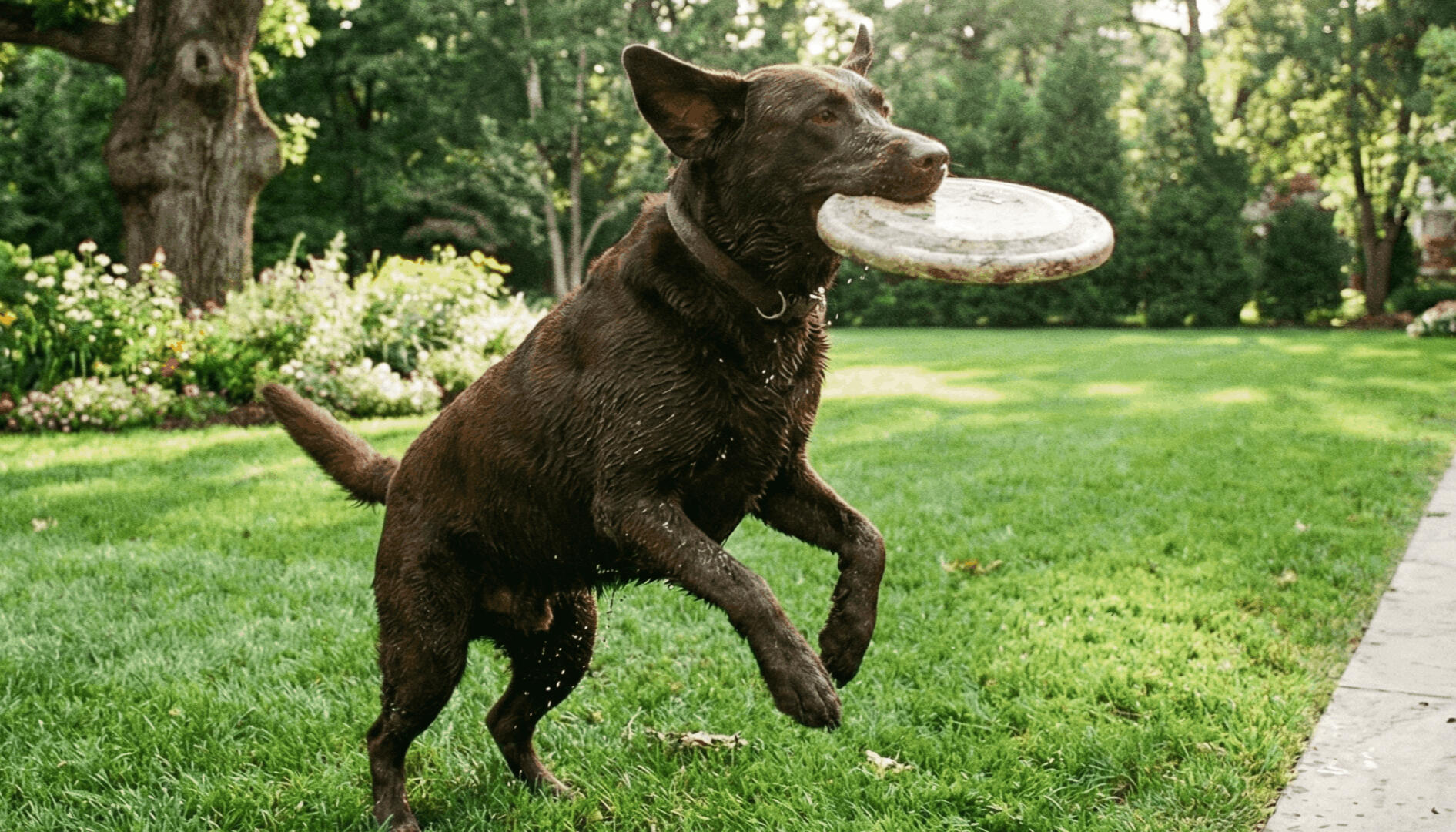 Happy Dog in Clean Yard - Capital City Scoopers A wet chocolate Labrador retriever holding a frisbee in a clean, poop-free residential yard after a professional spring clean up in Fredericton.